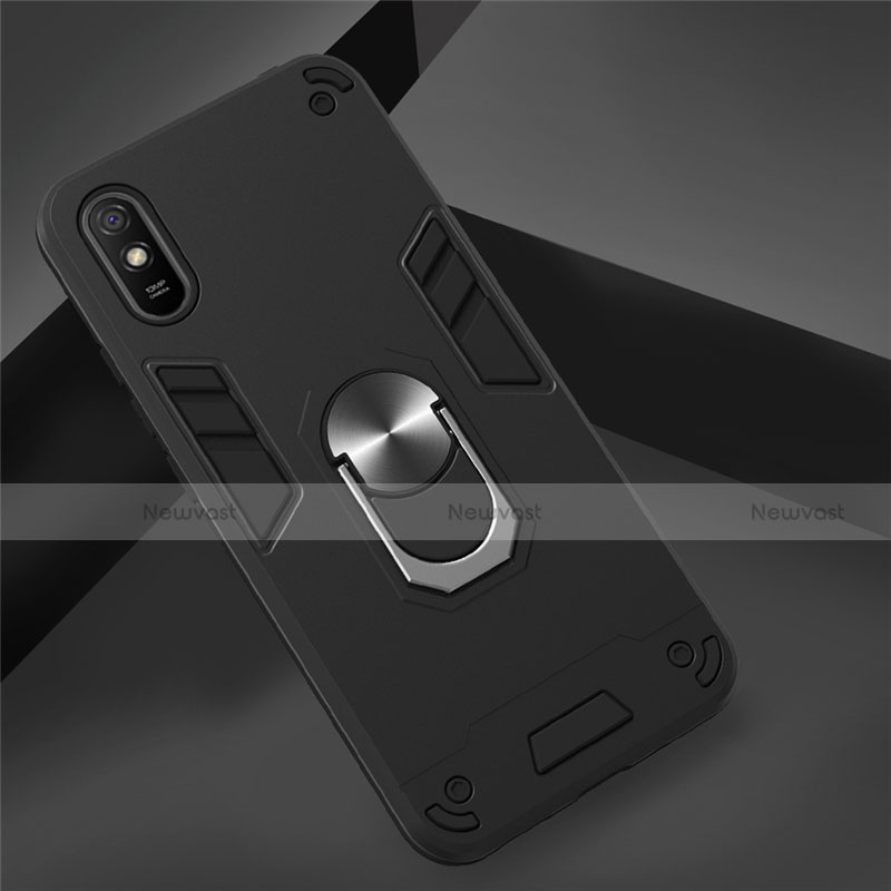 Silicone Matte Finish and Plastic Back Cover Case with Magnetic Finger Ring Stand R04 for Xiaomi Redmi 9A Black