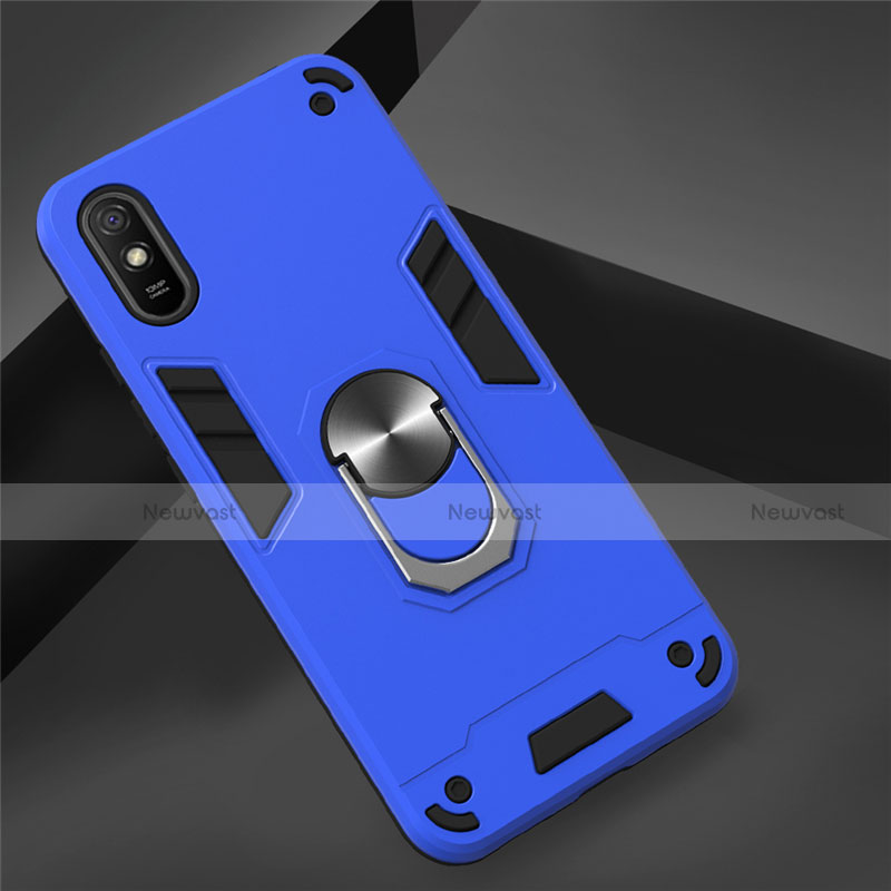 Silicone Matte Finish and Plastic Back Cover Case with Magnetic Finger Ring Stand R04 for Xiaomi Redmi 9A Blue