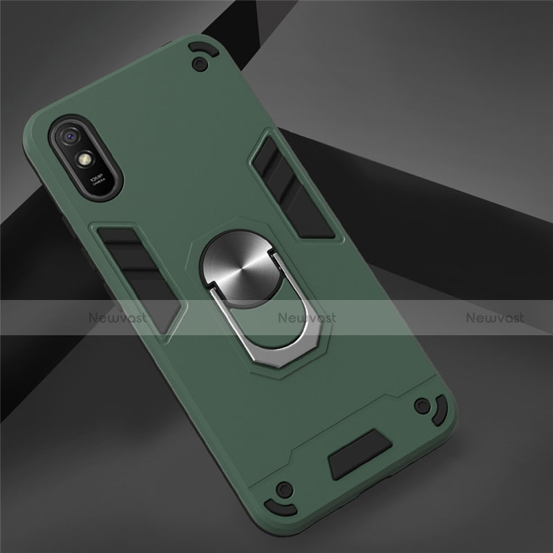 Silicone Matte Finish and Plastic Back Cover Case with Magnetic Finger Ring Stand R04 for Xiaomi Redmi 9A Midnight Green