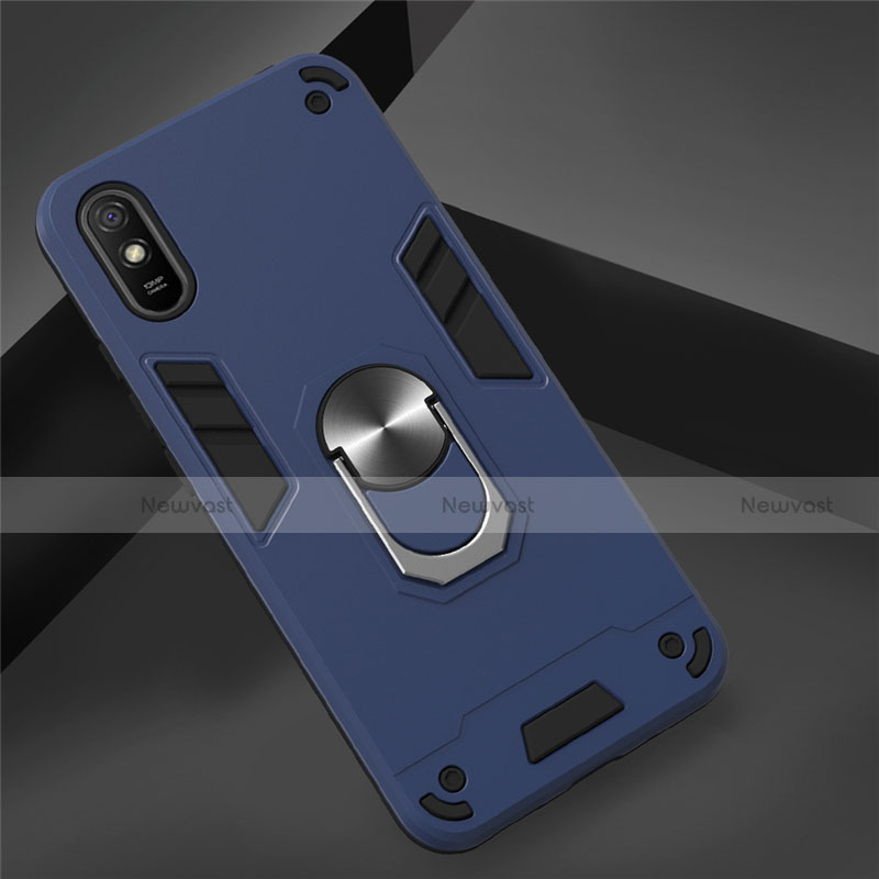 Silicone Matte Finish and Plastic Back Cover Case with Magnetic Finger Ring Stand R04 for Xiaomi Redmi 9A Navy Blue