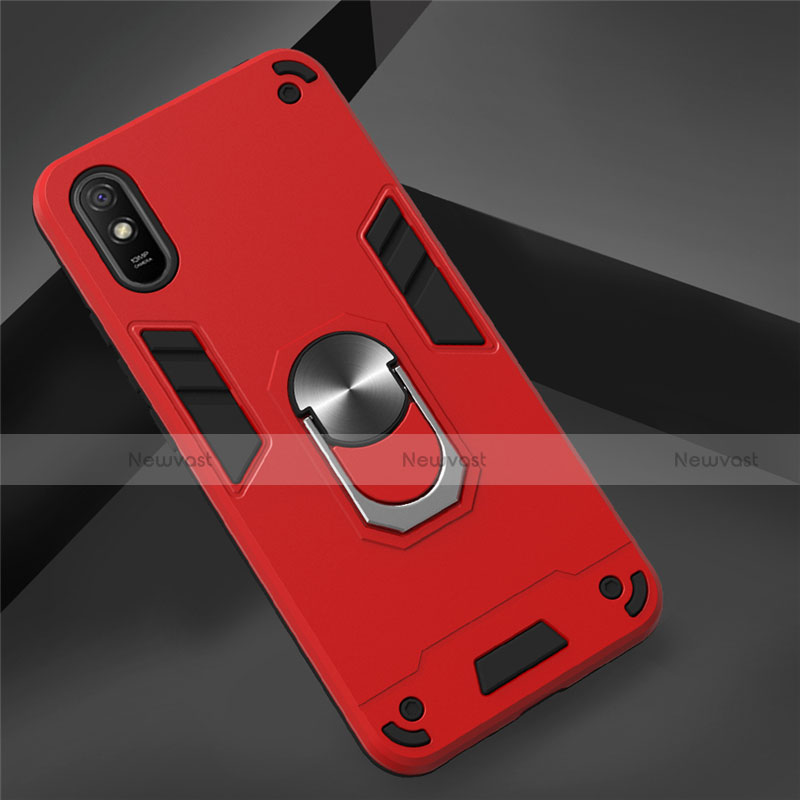 Silicone Matte Finish and Plastic Back Cover Case with Magnetic Finger Ring Stand R04 for Xiaomi Redmi 9A Red