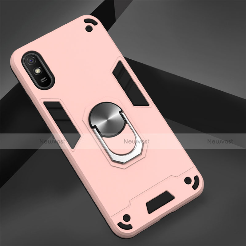 Silicone Matte Finish and Plastic Back Cover Case with Magnetic Finger Ring Stand R04 for Xiaomi Redmi 9A Rose Gold