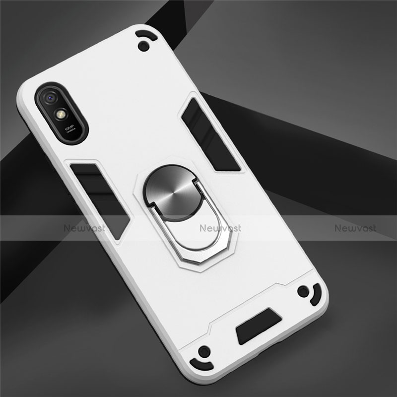 Silicone Matte Finish and Plastic Back Cover Case with Magnetic Finger Ring Stand R04 for Xiaomi Redmi 9A White