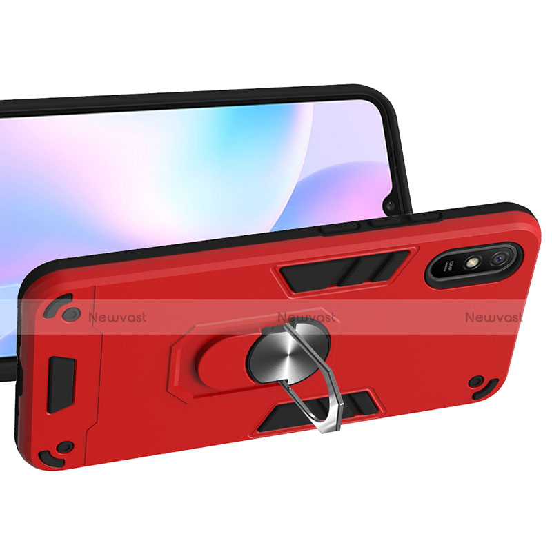 Silicone Matte Finish and Plastic Back Cover Case with Magnetic Finger Ring Stand R04 for Xiaomi Redmi 9i