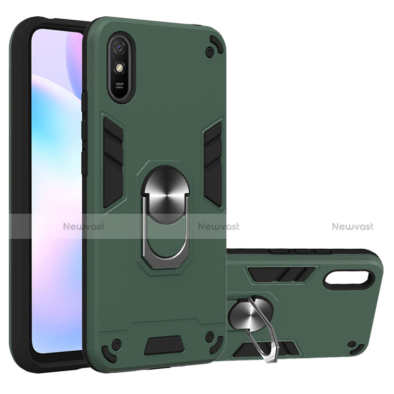 Silicone Matte Finish and Plastic Back Cover Case with Magnetic Finger Ring Stand R04 for Xiaomi Redmi 9i