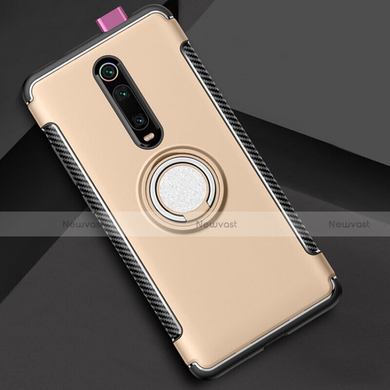 Silicone Matte Finish and Plastic Back Cover Case with Magnetic Finger Ring Stand R04 for Xiaomi Redmi K20 Gold