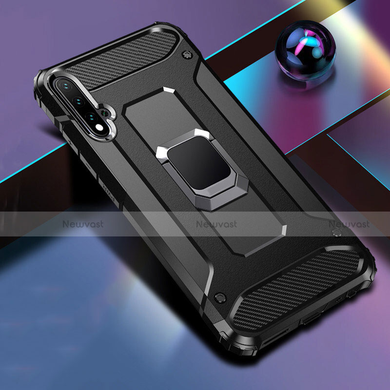 Silicone Matte Finish and Plastic Back Cover Case with Magnetic Finger Ring Stand R05 for Huawei Nova 5 Black