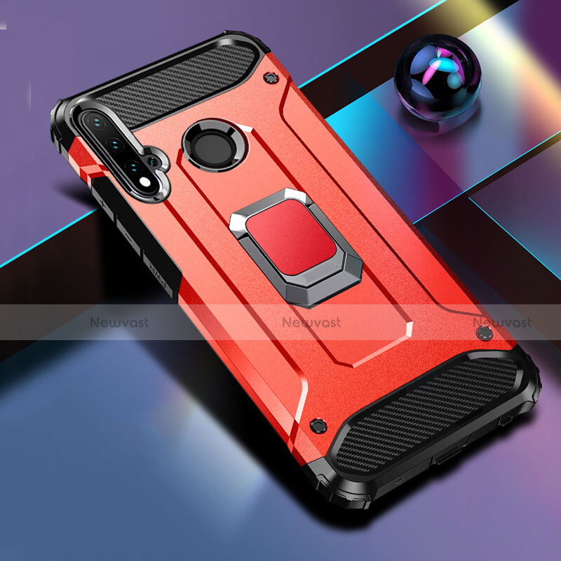 Silicone Matte Finish and Plastic Back Cover Case with Magnetic Finger Ring Stand R05 for Huawei Nova 5i Red