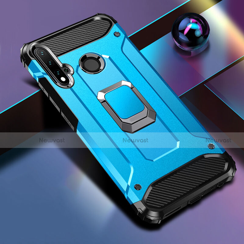 Silicone Matte Finish and Plastic Back Cover Case with Magnetic Finger Ring Stand R05 for Huawei Nova 5i Sky Blue