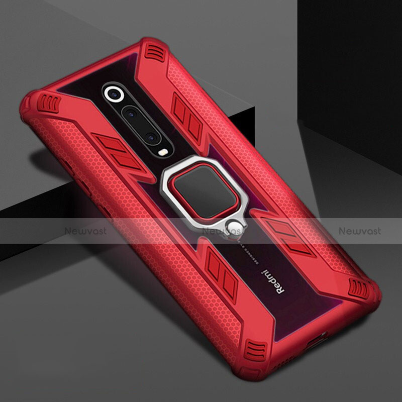 Silicone Matte Finish and Plastic Back Cover Case with Magnetic Finger Ring Stand R05 for Xiaomi Redmi K20 Pro Red