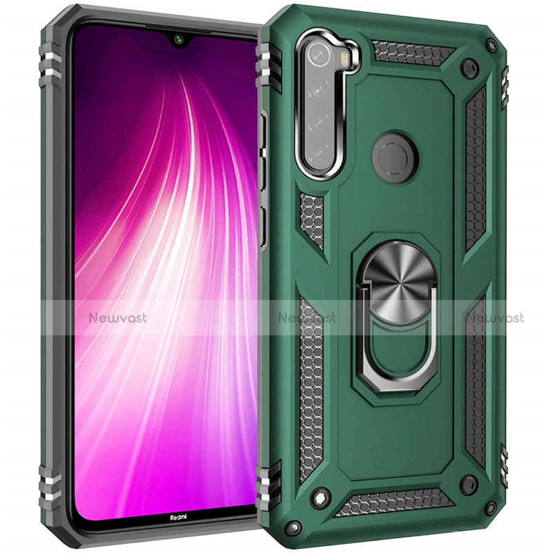 Silicone Matte Finish and Plastic Back Cover Case with Magnetic Finger Ring Stand R05 for Xiaomi Redmi Note 8 (2021) Green