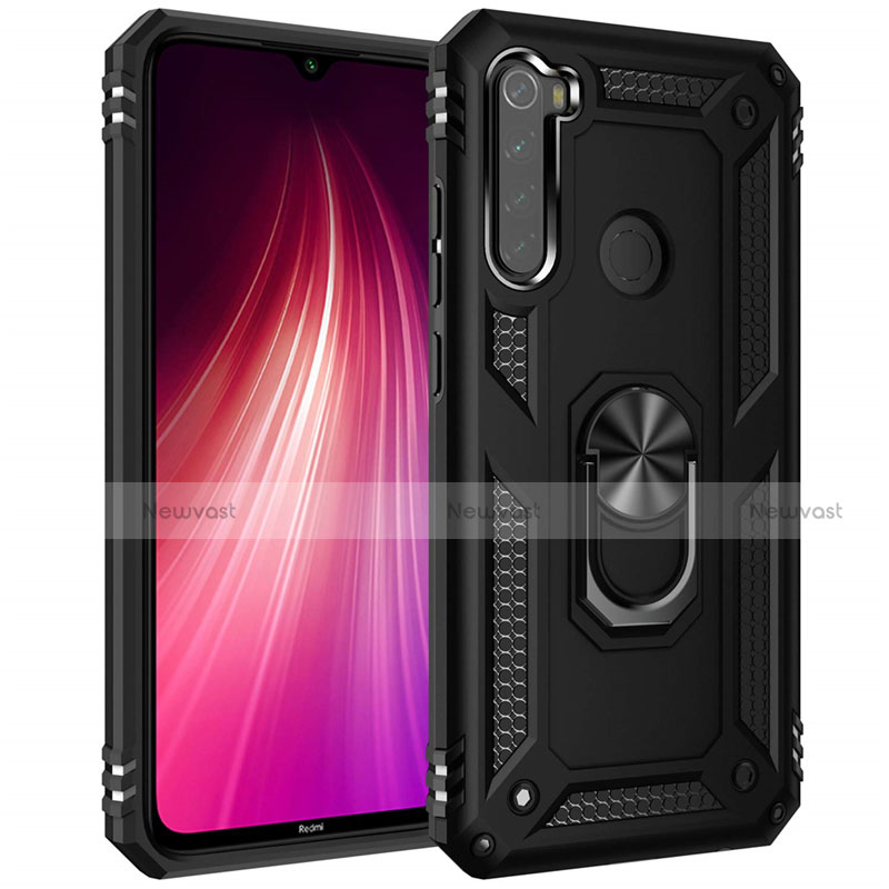 Silicone Matte Finish and Plastic Back Cover Case with Magnetic Finger Ring Stand R05 for Xiaomi Redmi Note 8T Black