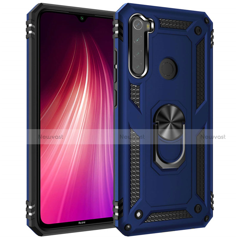 Silicone Matte Finish and Plastic Back Cover Case with Magnetic Finger Ring Stand R05 for Xiaomi Redmi Note 8T Blue