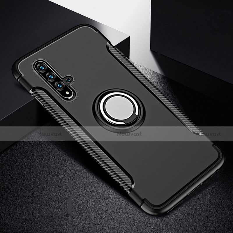 Silicone Matte Finish and Plastic Back Cover Case with Magnetic Finger Ring Stand R06 for Huawei Nova 5 Black