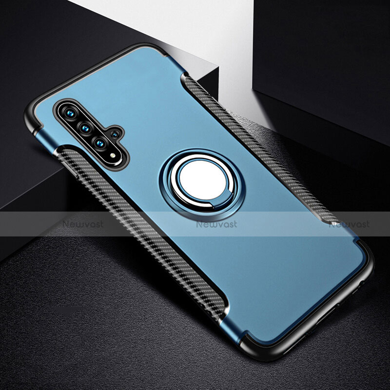 Silicone Matte Finish and Plastic Back Cover Case with Magnetic Finger Ring Stand R06 for Huawei Nova 5 Pro Sky Blue