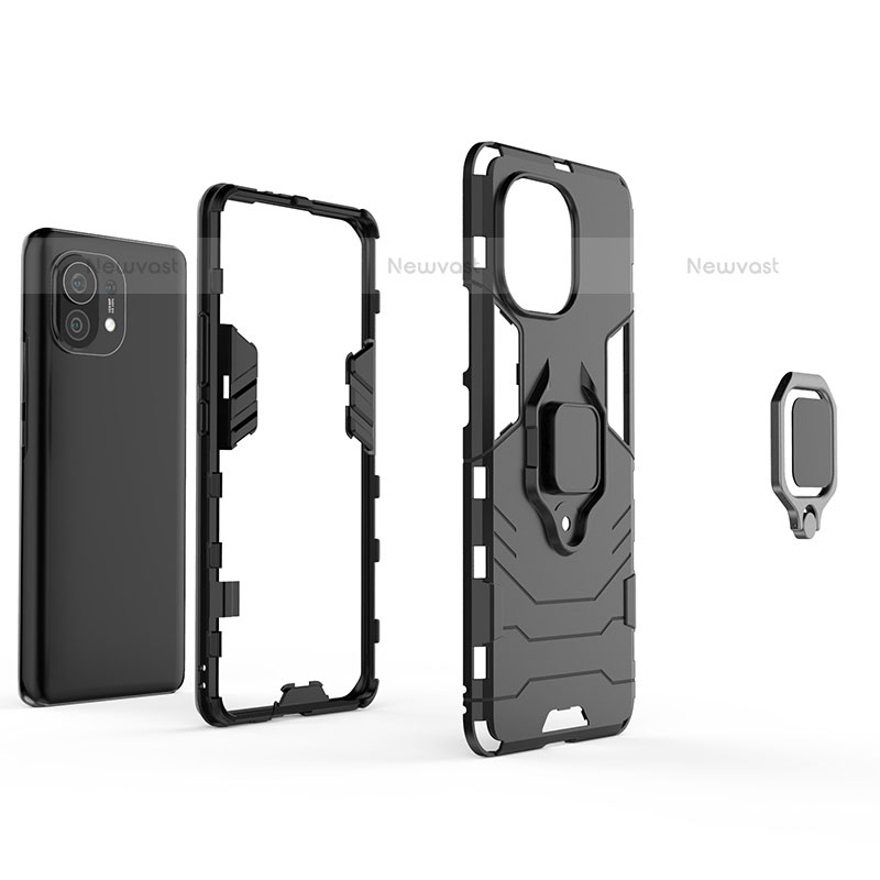 Silicone Matte Finish and Plastic Back Cover Case with Magnetic Finger Ring Stand R06 for Xiaomi Mi 11 5G