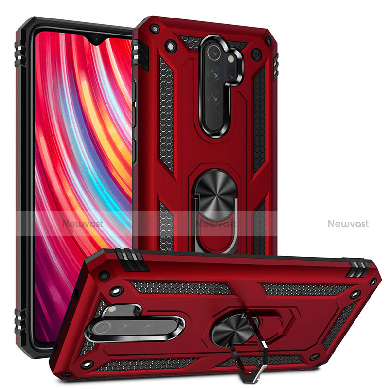 Silicone Matte Finish and Plastic Back Cover Case with Magnetic Finger Ring Stand R06 for Xiaomi Redmi Note 8 Pro Red