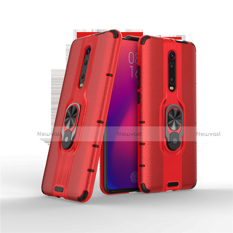 Silicone Matte Finish and Plastic Back Cover Case with Magnetic Finger Ring Stand R07 for Xiaomi Mi 9T