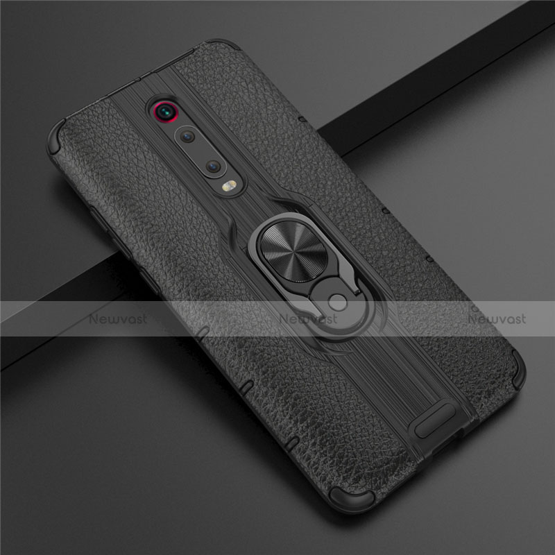 Silicone Matte Finish and Plastic Back Cover Case with Magnetic Finger Ring Stand R07 for Xiaomi Mi 9T Pro Black