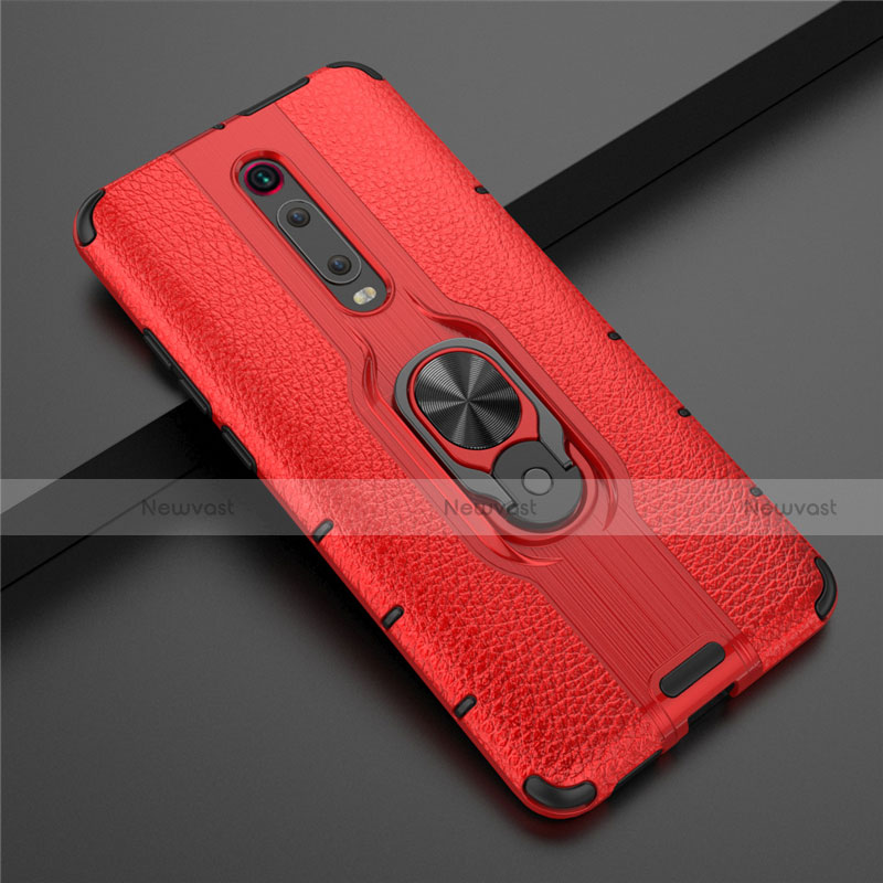 Silicone Matte Finish and Plastic Back Cover Case with Magnetic Finger Ring Stand R07 for Xiaomi Mi 9T Pro Red