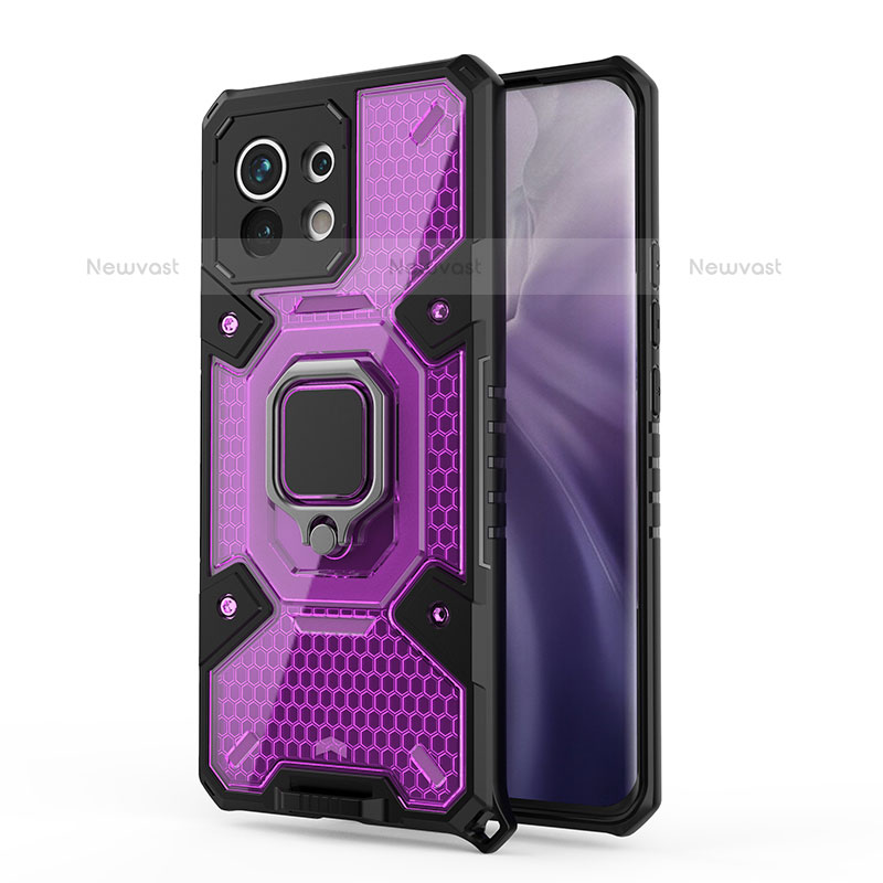 Silicone Matte Finish and Plastic Back Cover Case with Magnetic Finger Ring Stand R08 for Xiaomi Mi 11 Lite 4G Purple