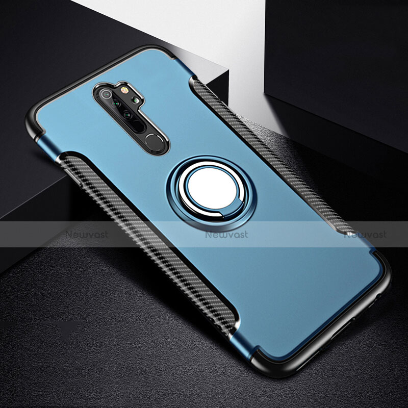 Silicone Matte Finish and Plastic Back Cover Case with Magnetic Finger Ring Stand R08 for Xiaomi Redmi Note 8 Pro Blue