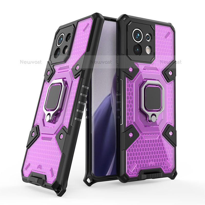 Silicone Matte Finish and Plastic Back Cover Case with Magnetic Finger Ring Stand R09 for Xiaomi Mi 11 5G Purple