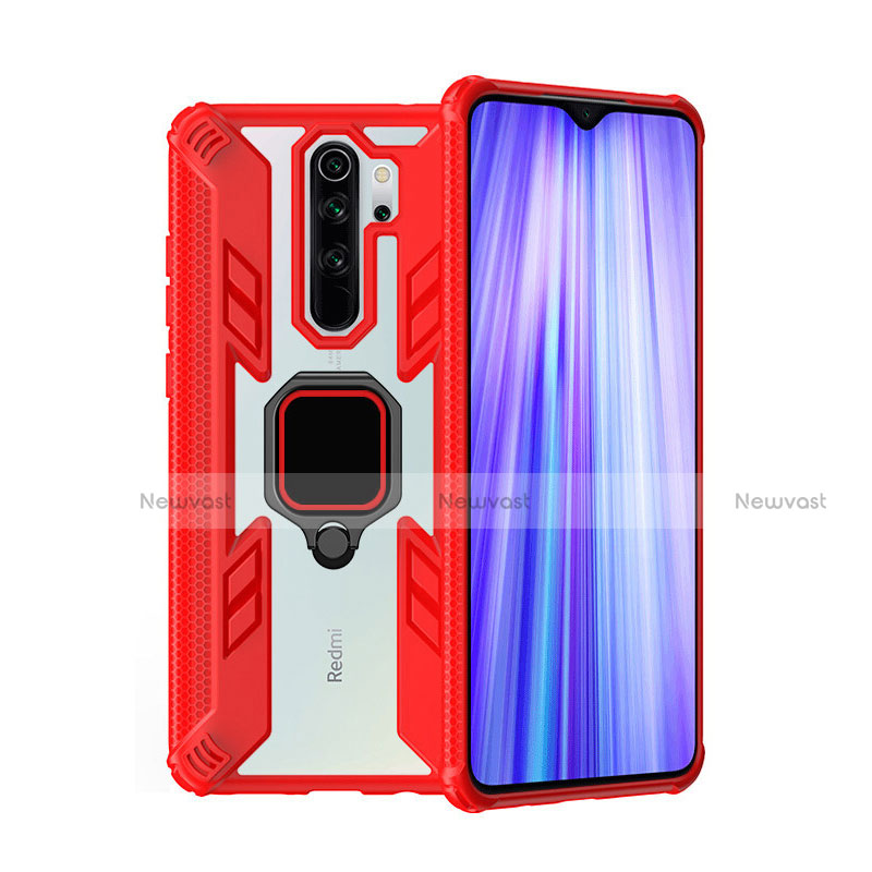 Silicone Matte Finish and Plastic Back Cover Case with Magnetic Finger Ring Stand R09 for Xiaomi Redmi Note 8 Pro Red