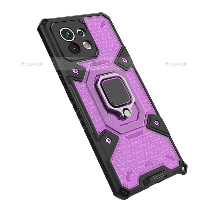 Silicone Matte Finish and Plastic Back Cover Case with Magnetic Finger Ring Stand R10 for Xiaomi Mi 11 Lite 5G NE Purple