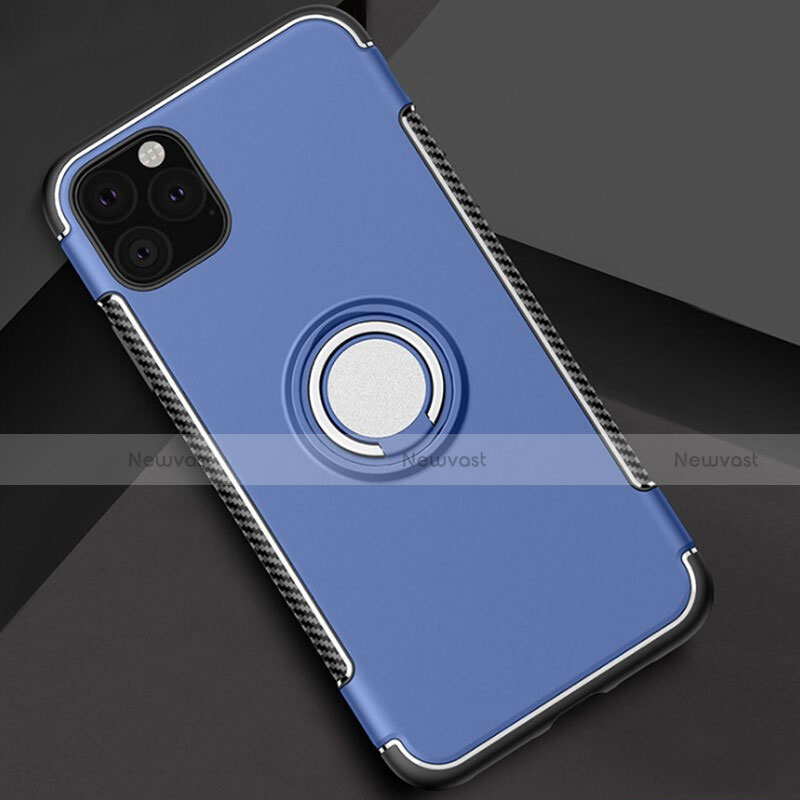 Silicone Matte Finish and Plastic Back Cover Case with Magnetic Finger Ring Stand S01 for Apple iPhone 11 Pro Max Blue