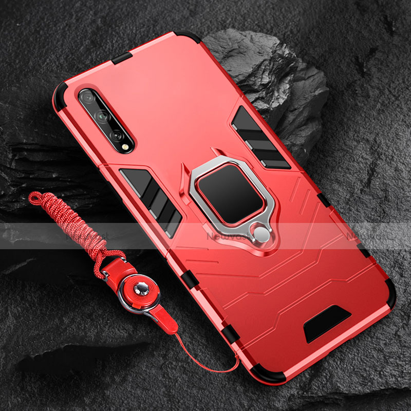 Silicone Matte Finish and Plastic Back Cover Case with Magnetic Finger Ring Stand S01 for Huawei Enjoy 10S Red