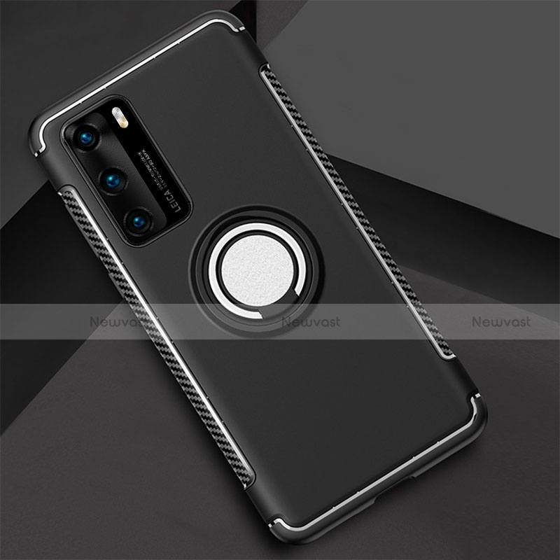 Silicone Matte Finish and Plastic Back Cover Case with Magnetic Finger Ring Stand S01 for Huawei P40 Black