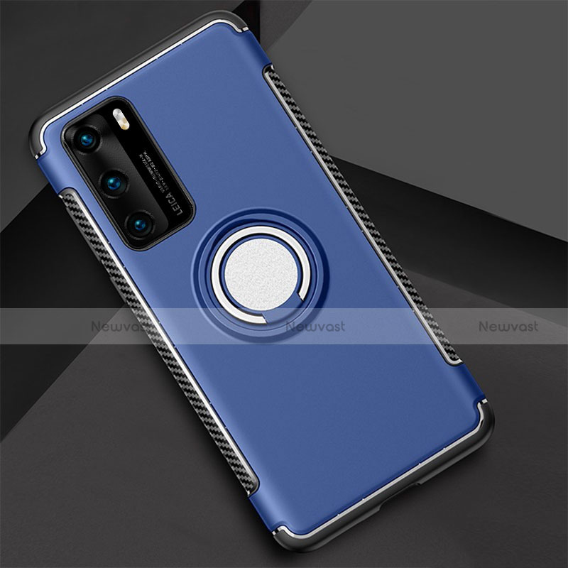 Silicone Matte Finish and Plastic Back Cover Case with Magnetic Finger Ring Stand S01 for Huawei P40 Blue