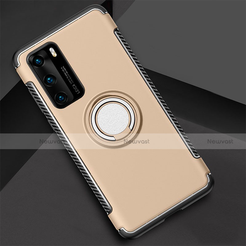 Silicone Matte Finish and Plastic Back Cover Case with Magnetic Finger Ring Stand S01 for Huawei P40 Gold