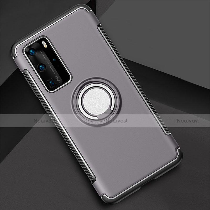 Silicone Matte Finish and Plastic Back Cover Case with Magnetic Finger Ring Stand S01 for Huawei P40 Pro