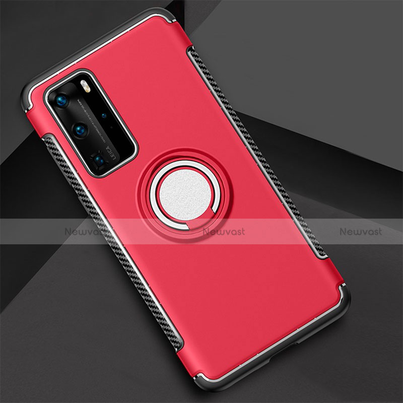 Silicone Matte Finish and Plastic Back Cover Case with Magnetic Finger Ring Stand S01 for Huawei P40 Pro Red