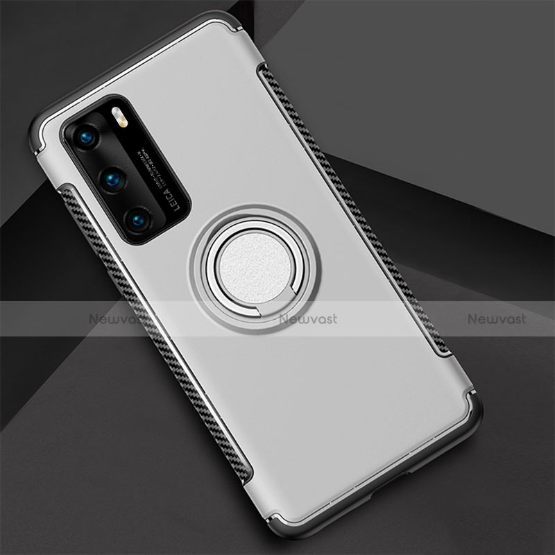 Silicone Matte Finish and Plastic Back Cover Case with Magnetic Finger Ring Stand S01 for Huawei P40 Silver