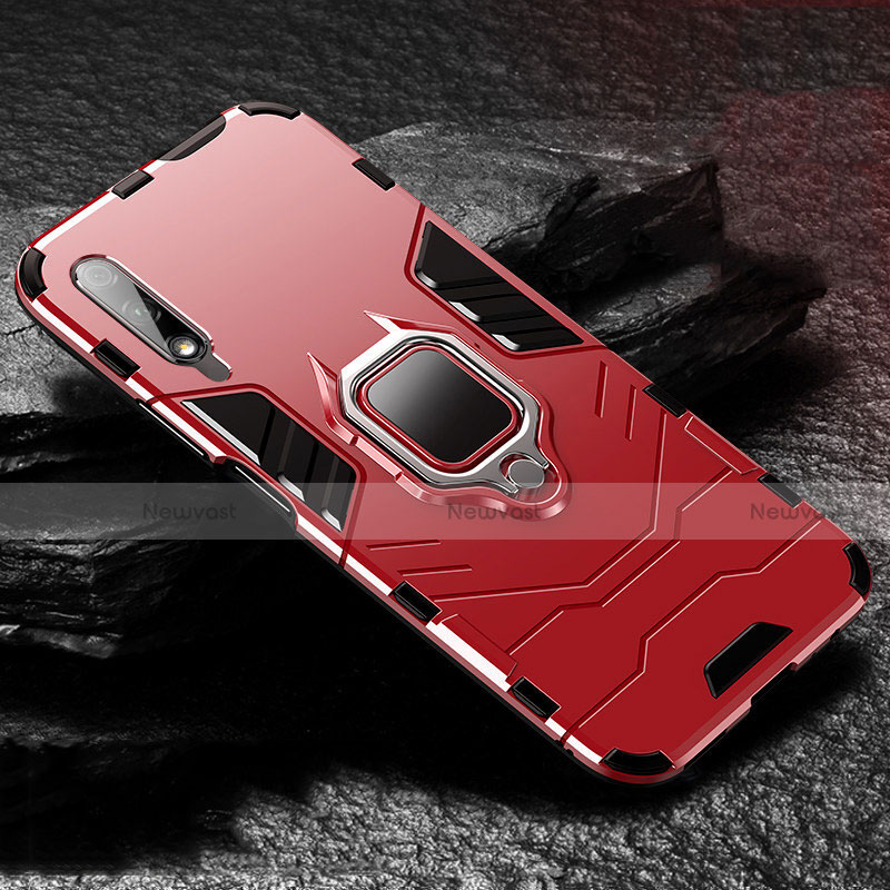 Silicone Matte Finish and Plastic Back Cover Case with Magnetic Finger Ring Stand S01 for Huawei Y9 Prime (2019) Red