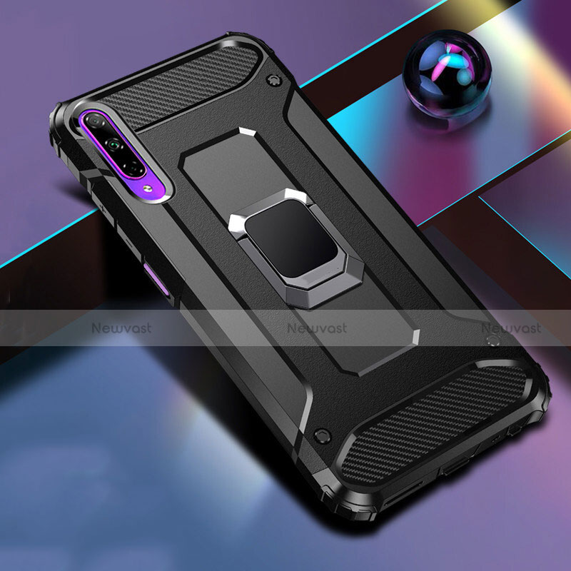 Silicone Matte Finish and Plastic Back Cover Case with Magnetic Finger Ring Stand S01 for Huawei Y9s Black
