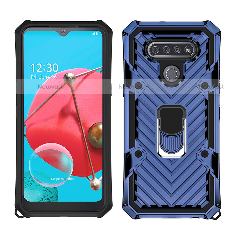 Silicone Matte Finish and Plastic Back Cover Case with Magnetic Finger Ring Stand S01 for LG K51 Blue