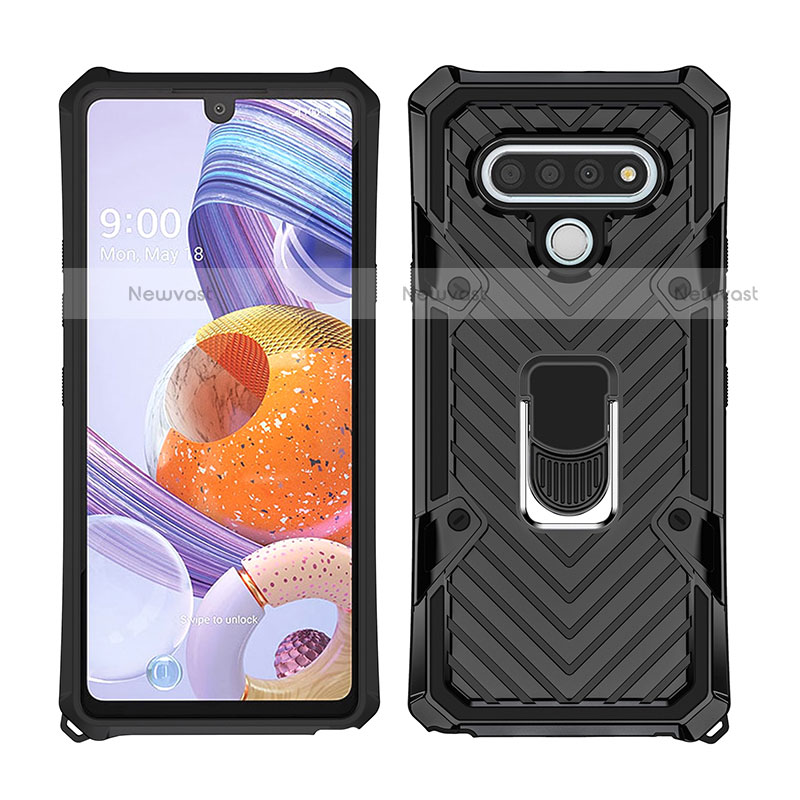 Silicone Matte Finish and Plastic Back Cover Case with Magnetic Finger Ring Stand S01 for LG Stylo 6 Black