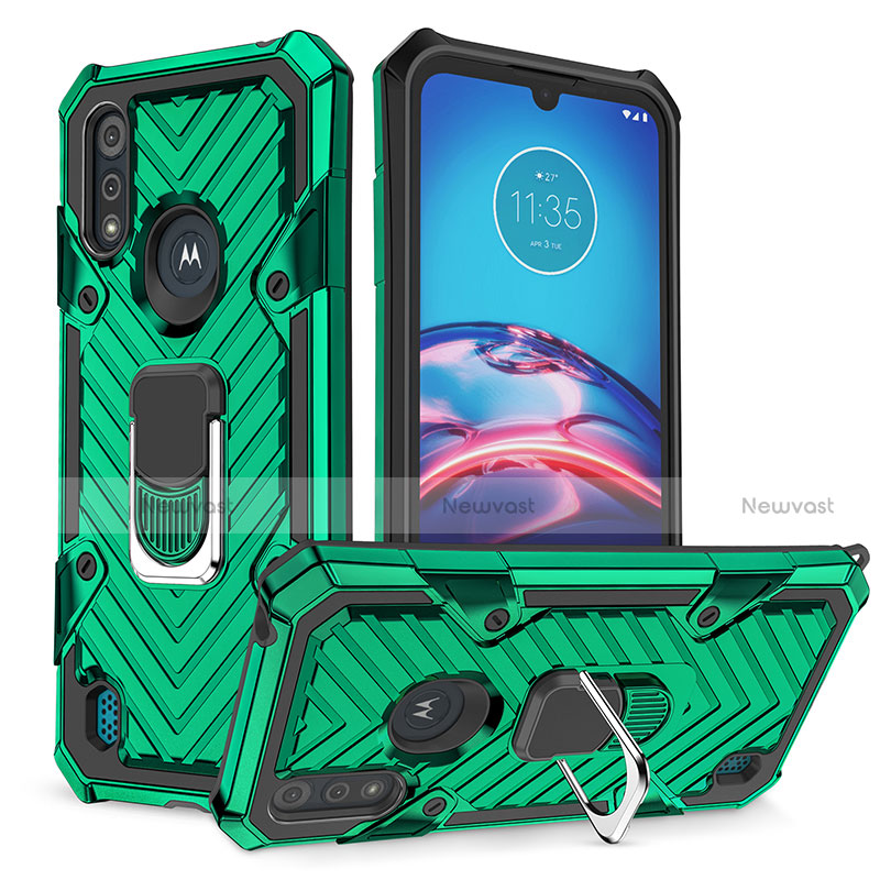 Silicone Matte Finish and Plastic Back Cover Case with Magnetic Finger Ring Stand S01 for Motorola Moto E6s (2020) Green