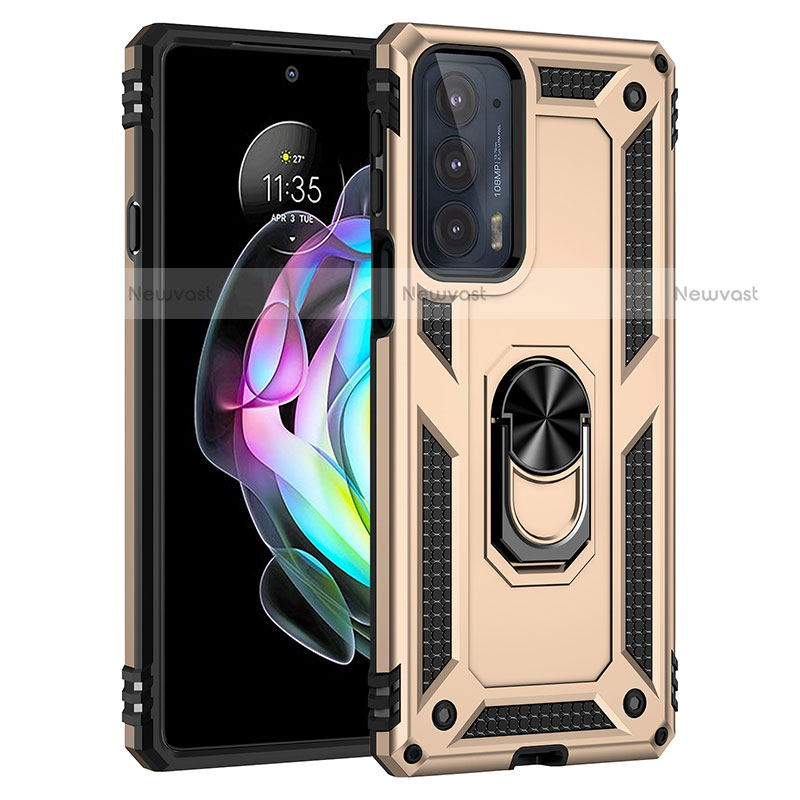 Silicone Matte Finish and Plastic Back Cover Case with Magnetic Finger Ring Stand S01 for Motorola Moto Edge 20 5G Gold