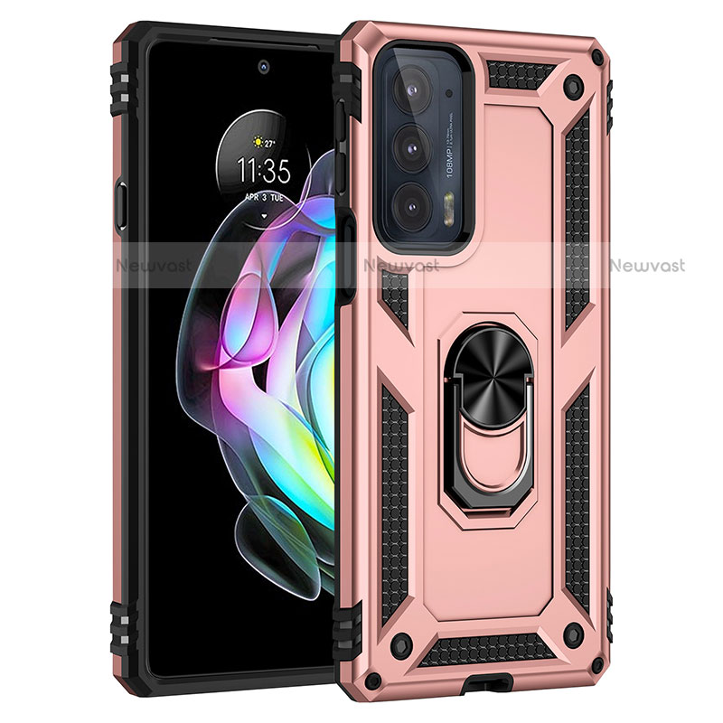 Silicone Matte Finish and Plastic Back Cover Case with Magnetic Finger Ring Stand S01 for Motorola Moto Edge 20 5G Rose Gold