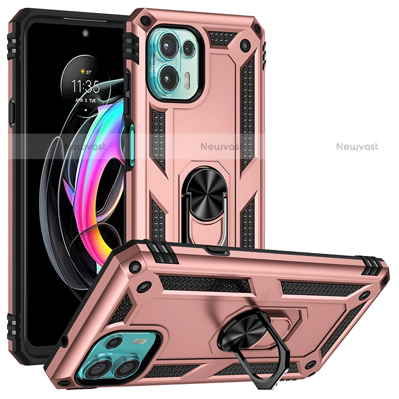 Silicone Matte Finish and Plastic Back Cover Case with Magnetic Finger Ring Stand S01 for Motorola Moto Edge 20 Lite 5G Rose Gold