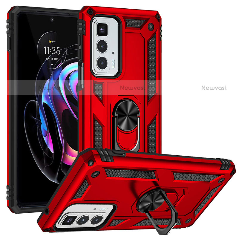 Silicone Matte Finish and Plastic Back Cover Case with Magnetic Finger Ring Stand S01 for Motorola Moto Edge 20 Pro 5G Red