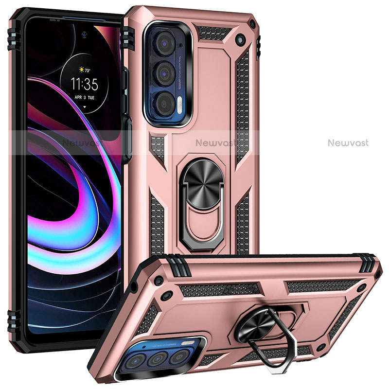 Silicone Matte Finish and Plastic Back Cover Case with Magnetic Finger Ring Stand S01 for Motorola Moto Edge (2021) 5G Rose Gold