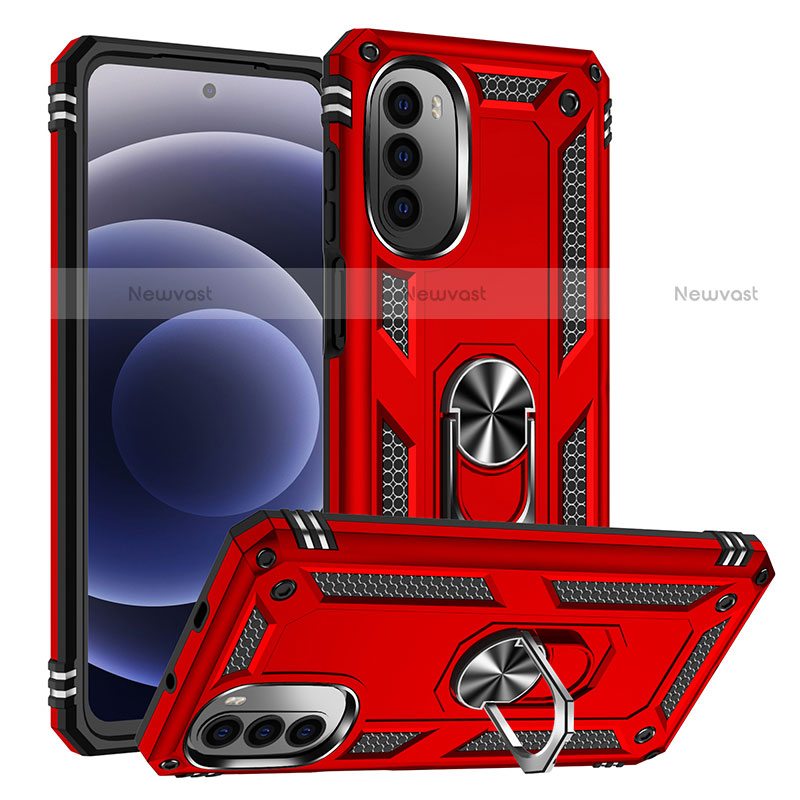 Silicone Matte Finish and Plastic Back Cover Case with Magnetic Finger Ring Stand S01 for Motorola Moto Edge (2022) 5G Red