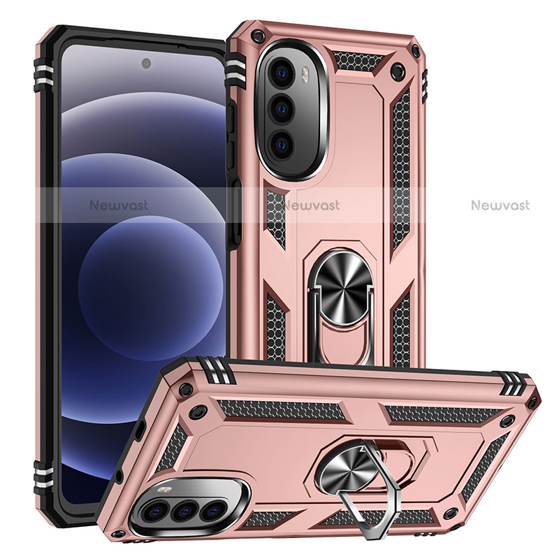 Silicone Matte Finish and Plastic Back Cover Case with Magnetic Finger Ring Stand S01 for Motorola Moto Edge (2022) 5G Rose Gold