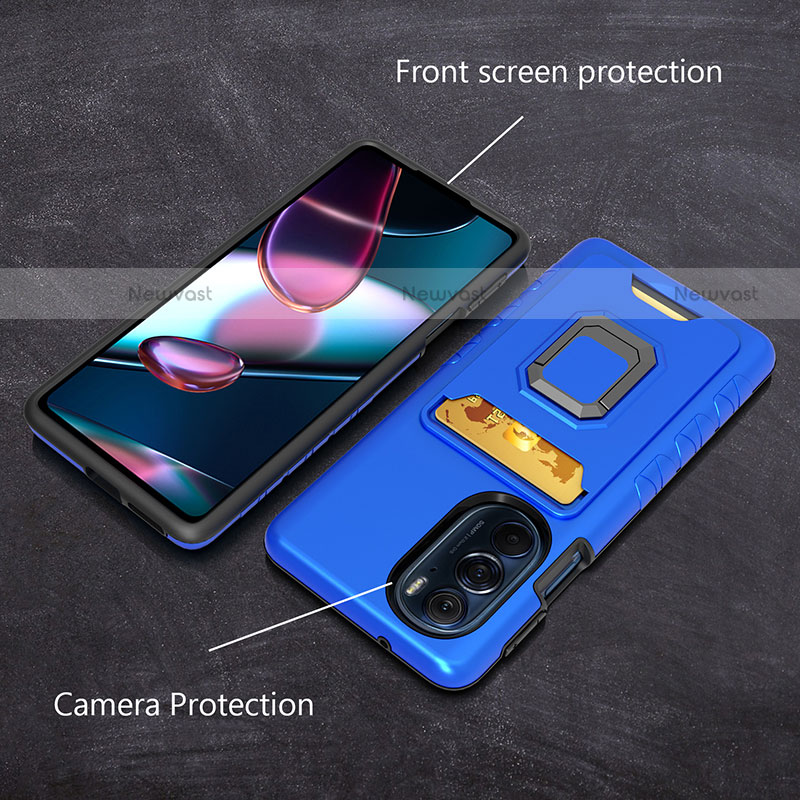 Silicone Matte Finish and Plastic Back Cover Case with Magnetic Finger Ring Stand S01 for Motorola Moto Edge 30 Pro 5G